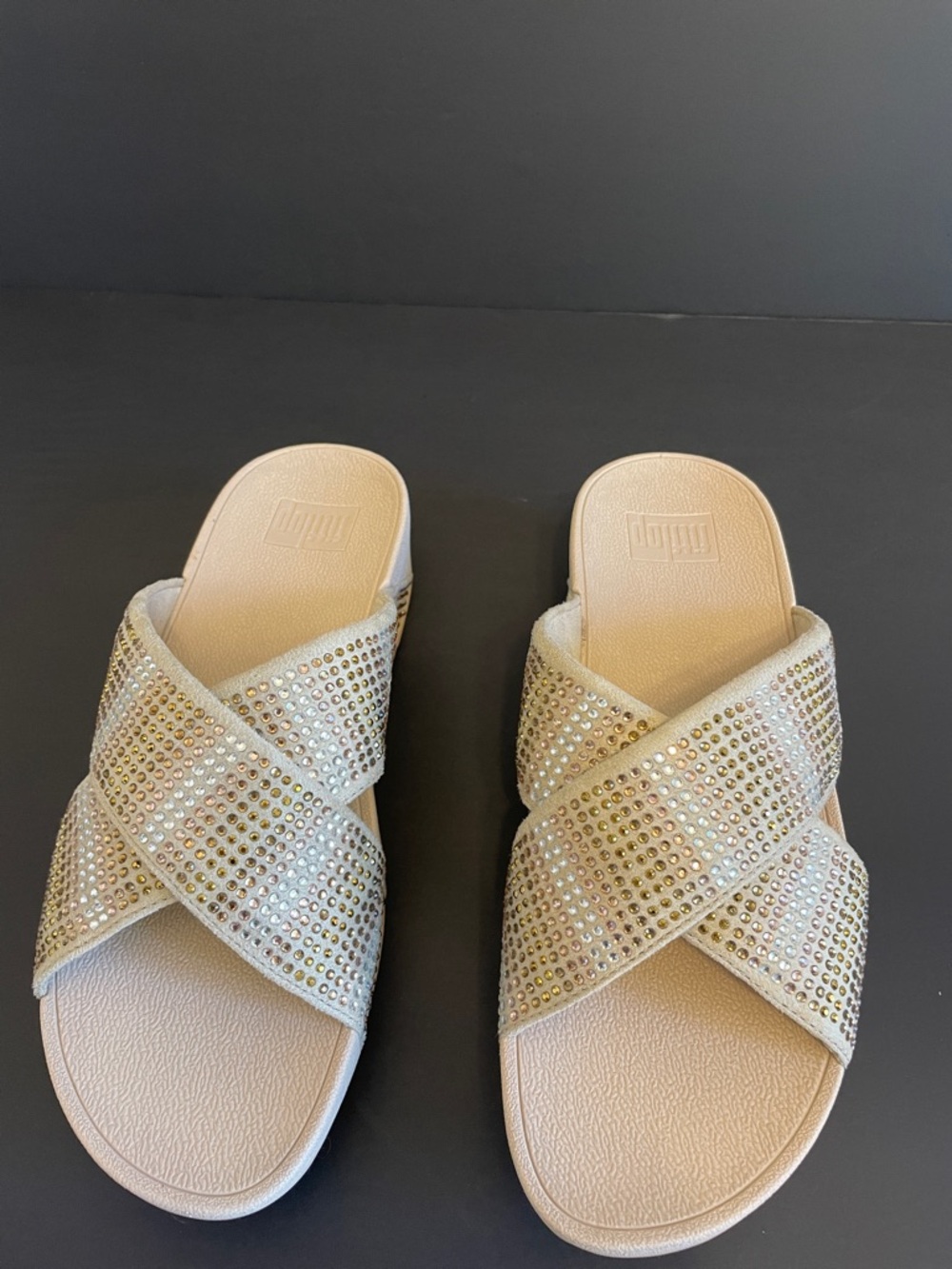FitFlop Gold Tone “Lulu” Crystal Mix Metallic Criss-Cross Slides - Picture 5 of 16